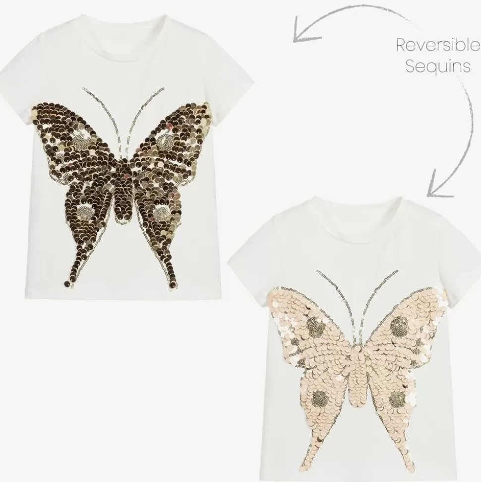 Childrensalon Occasions Girls White Cotton Sequin Butterfly T-Shirt^ Tops