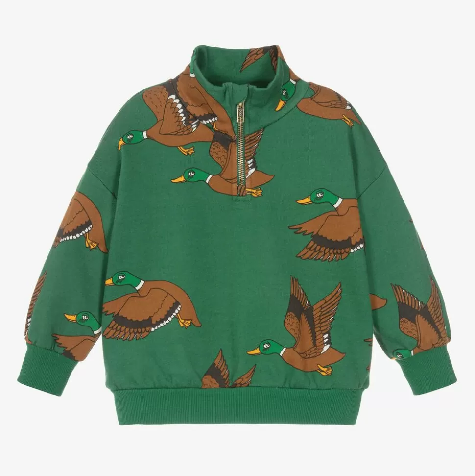 Mini Rodini Green Cotton Duck Print Half-Zip Sweatshirt^BOY Tops | Tops