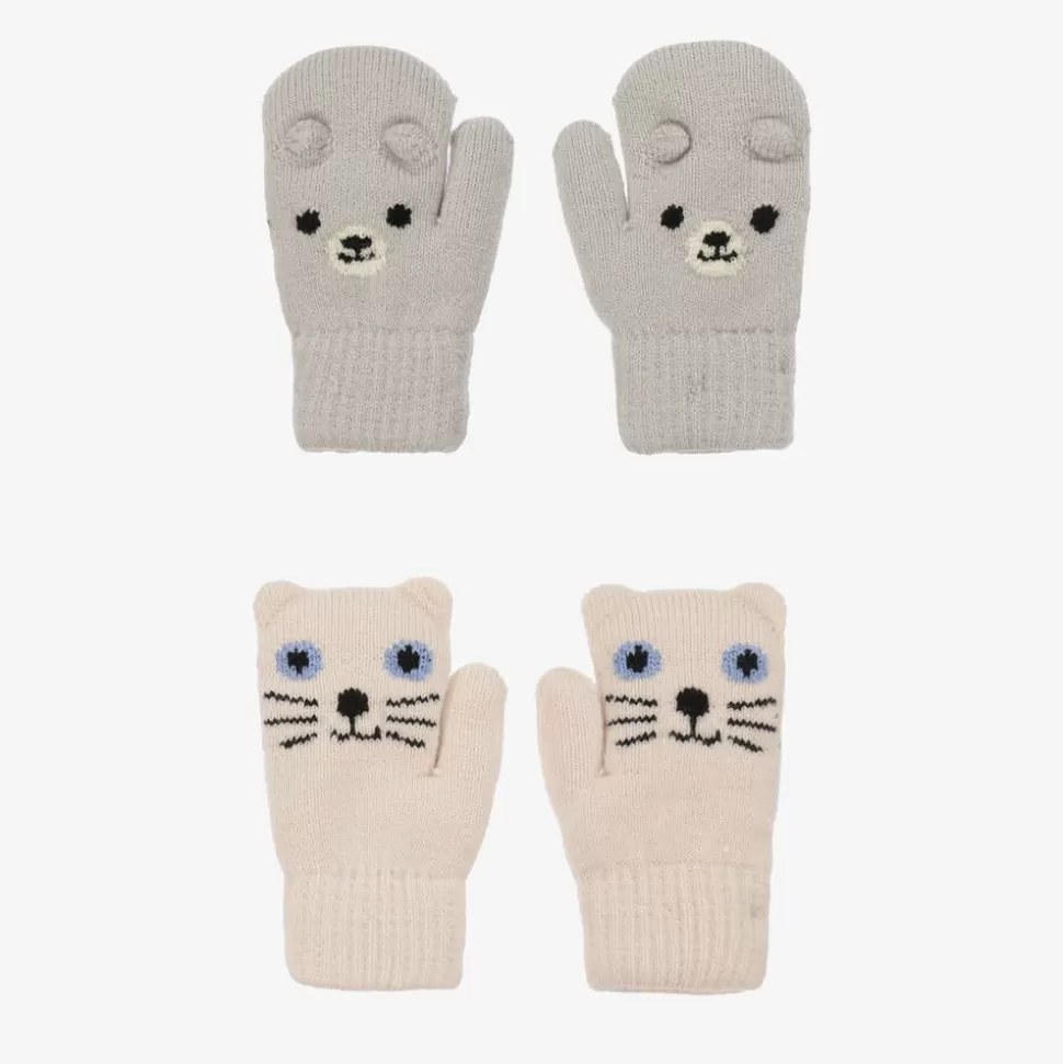 Molo Ivory & Grey Knitted Animal Mittens (2 Pack)^BOY Gloves & Mittens | Gloves & Mittens
