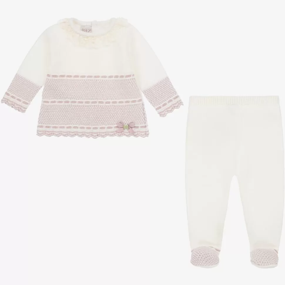 Paz Rodríguez Ivory & Pink Merino Wool Knitted 2 Piece Babygrow^ Gifts | Babysuits
