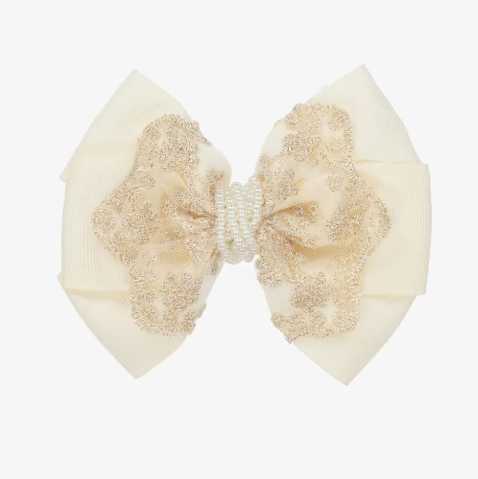 Cute Cute Ivory & Gold Bow Clip (11cm)^ Hair Accessories