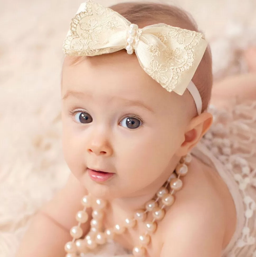 Cute Cute Ivory & Gold Lace Bow Headband^ Hair Accessories