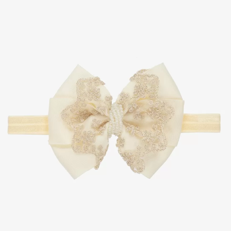 Cute Cute Ivory & Gold Large Bow Headband^ Hair Accessories