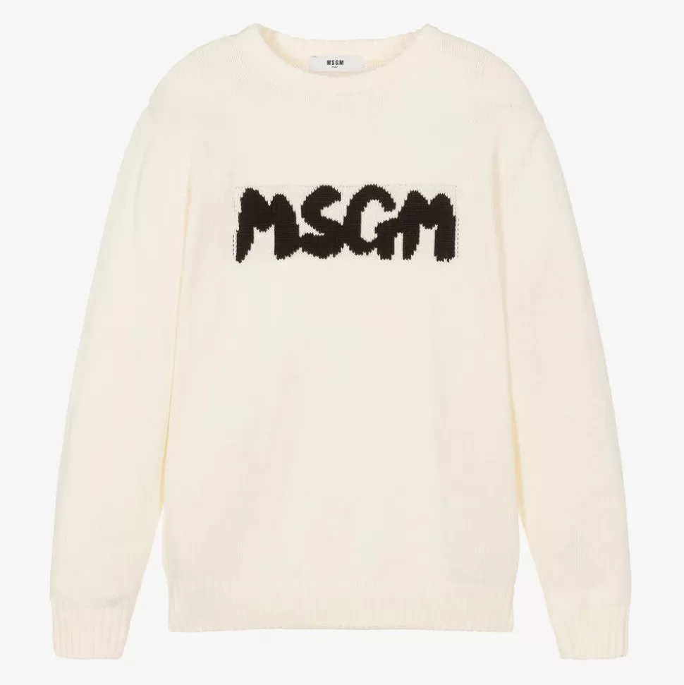 MSGM Ivory Cotton Knit Sweater^ Tops