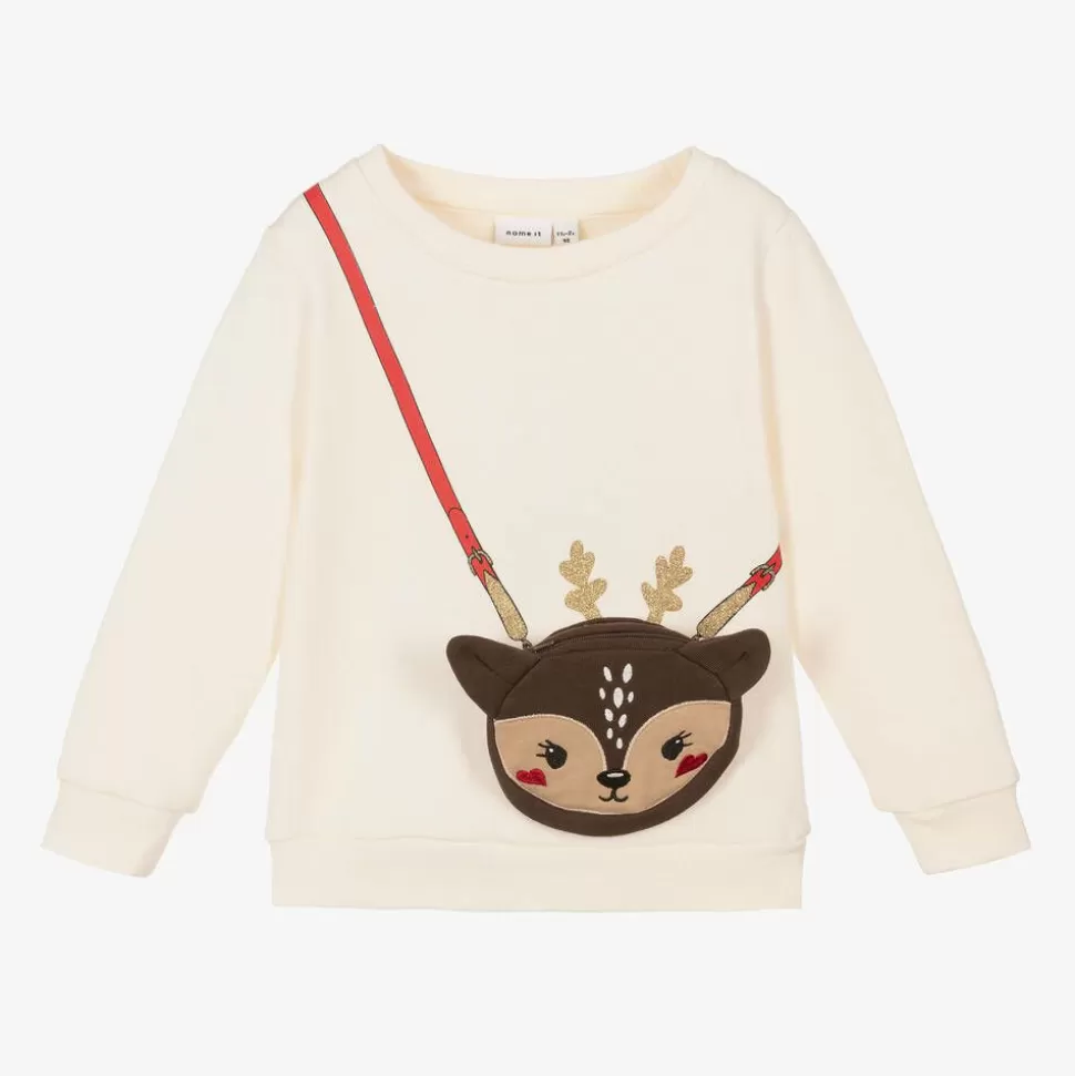 NAME IT Ivory Cotton Reindeer Bag Sweatshirt^ Tops