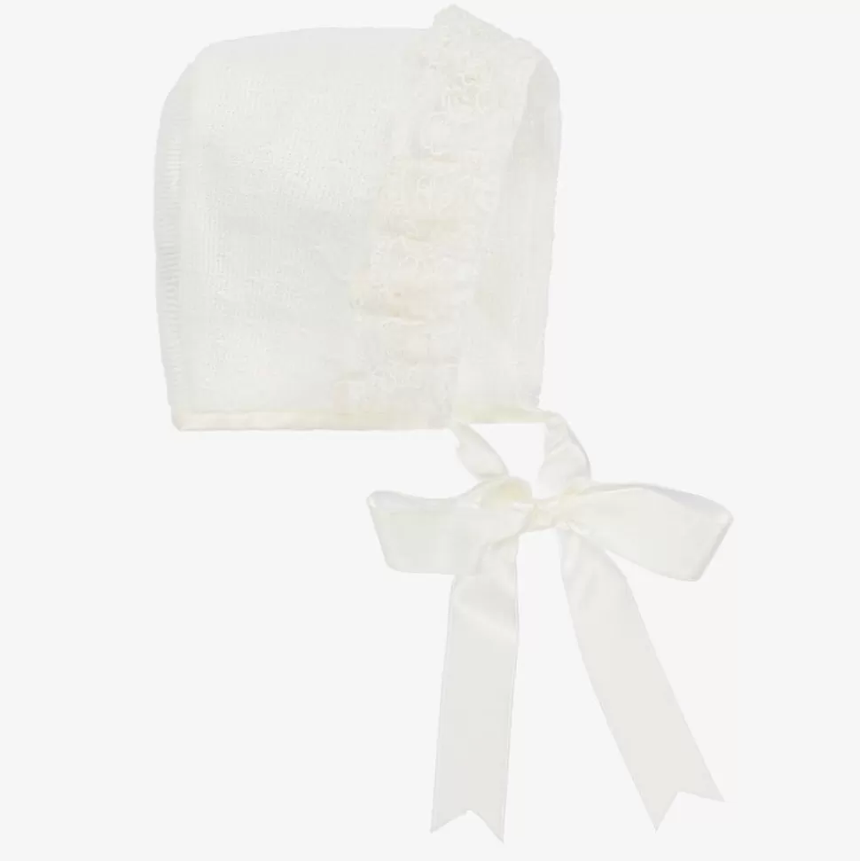 Mebi Ivory Knitted Cotton Lace Baby Bonnet^ Hats