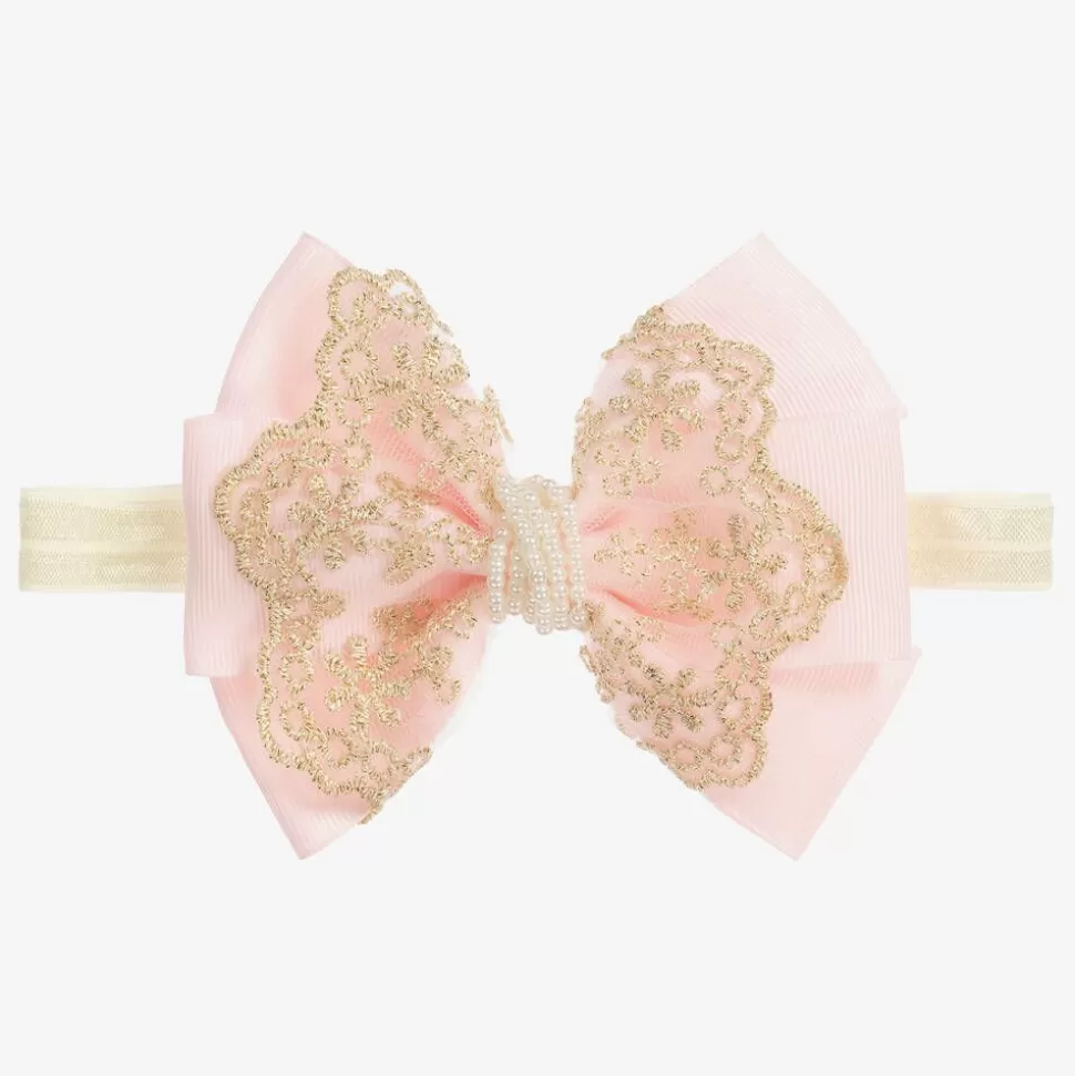 Cute Cute Large Pink Bow with Gold Lace & Pearls Headband^ Hair Accessories
