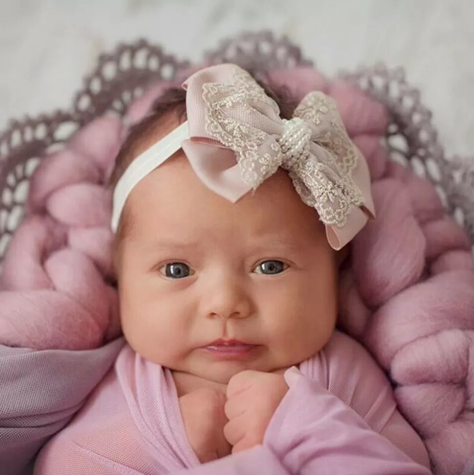 Cute Cute Large Pink Bow with Gold Lace & Pearls Headband^ Hair Accessories