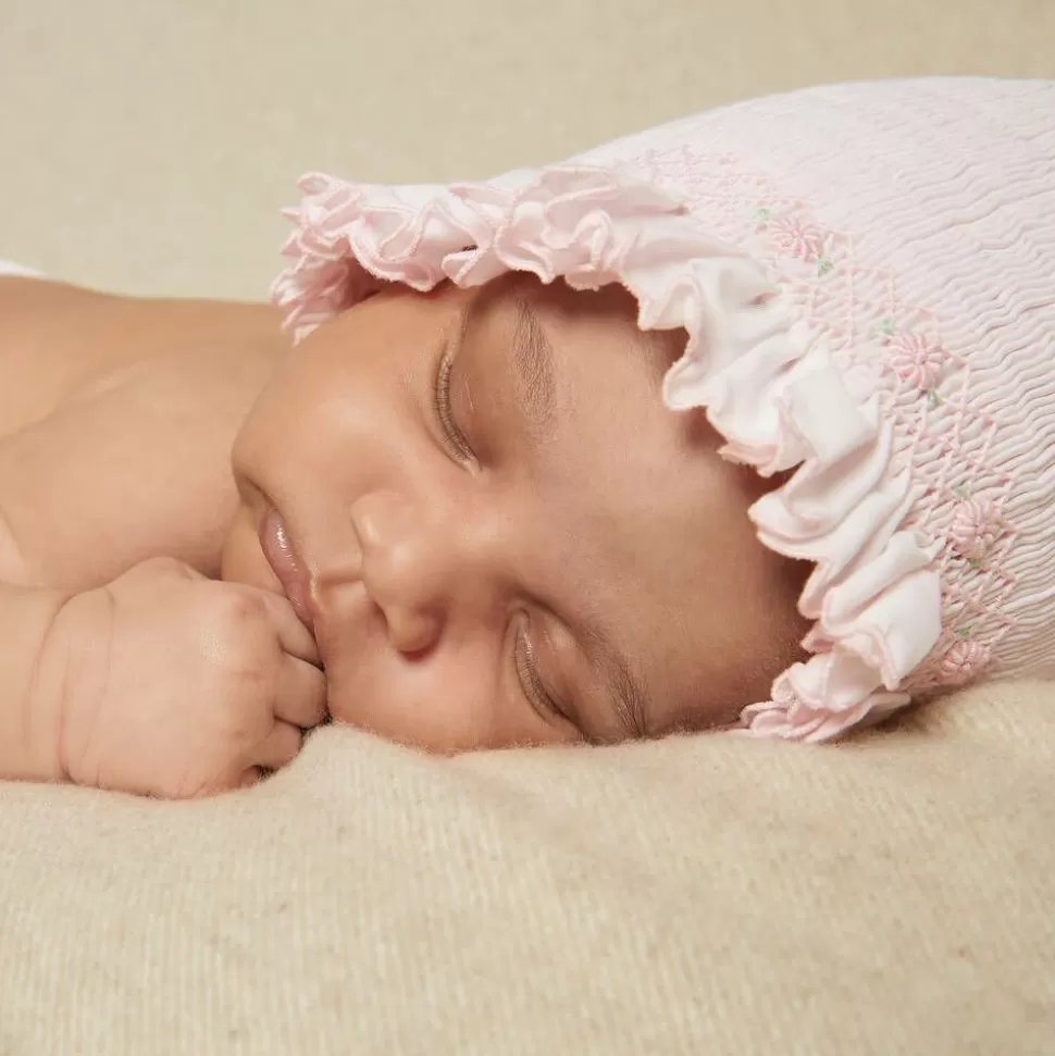 Sarah Louise Pink Hand-Smocked Bonnet^ Hats