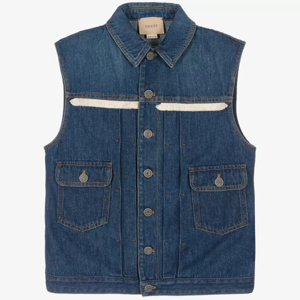 Gucci Teen Blue Embroidered Denim Gilet^BOY Coats & Jackets | Coats & Jackets