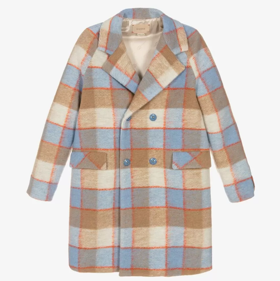 Gucci Teen Boys Beige & Blue Check Wool Coat^BOY Coats & Jackets