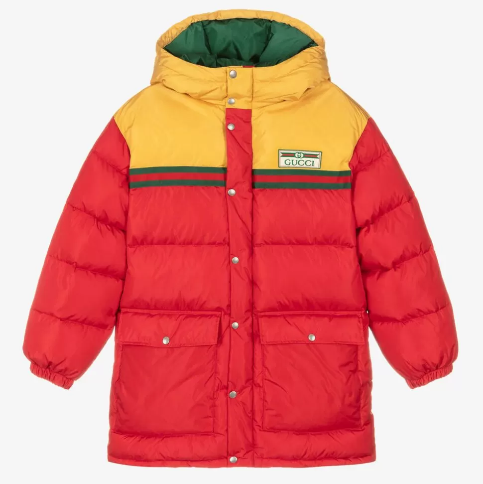 Gucci Teen Boys Red & Yellow Hooded Puffer Coat^BOY Coats & Jackets