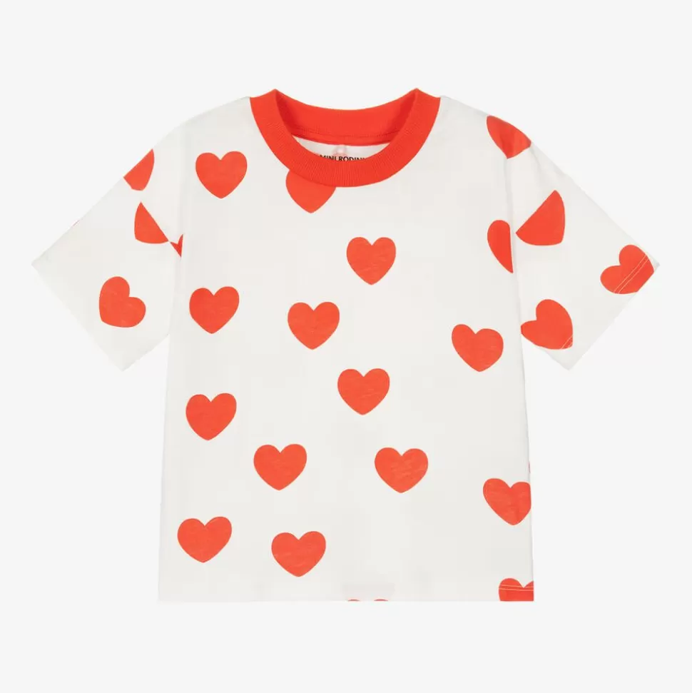 Mini Rodini White & Red Heart Print Cotton T-Shirt^ Tops