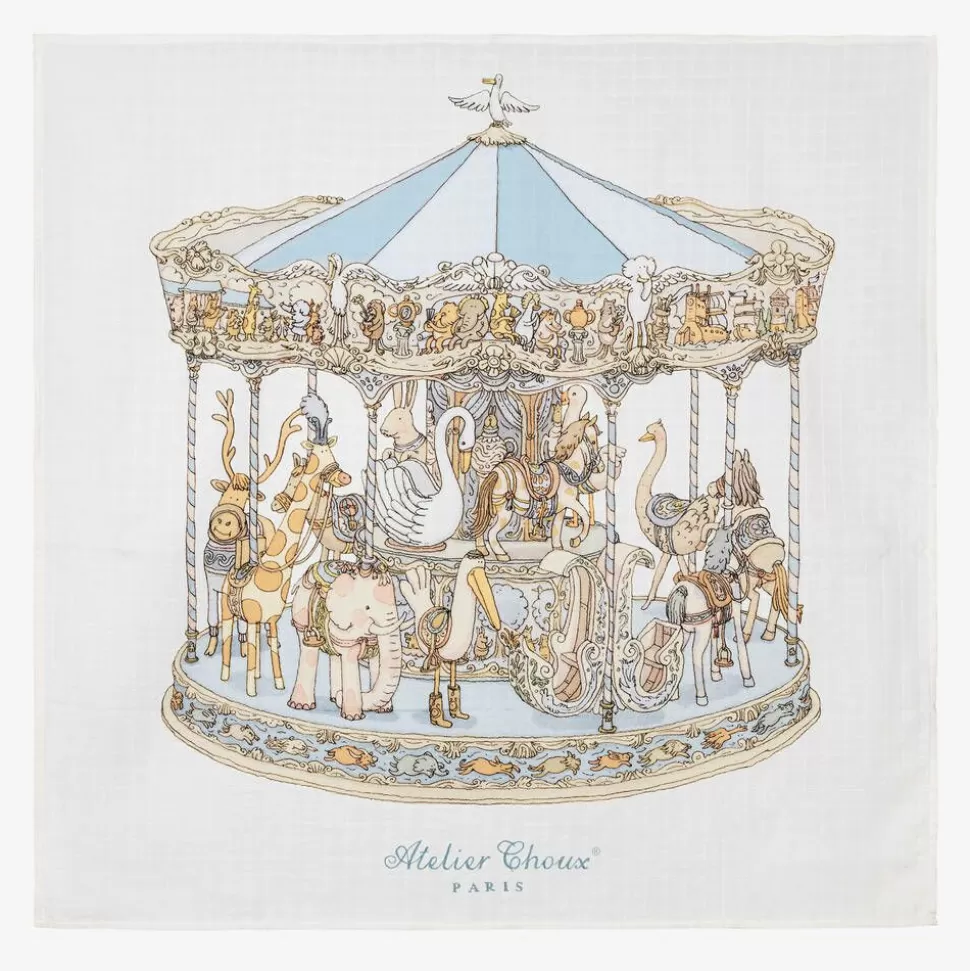 Atelier Choux Paris White & Blue Carousel Swaddle (97cm)^ Gifts | Sleeping Accessories