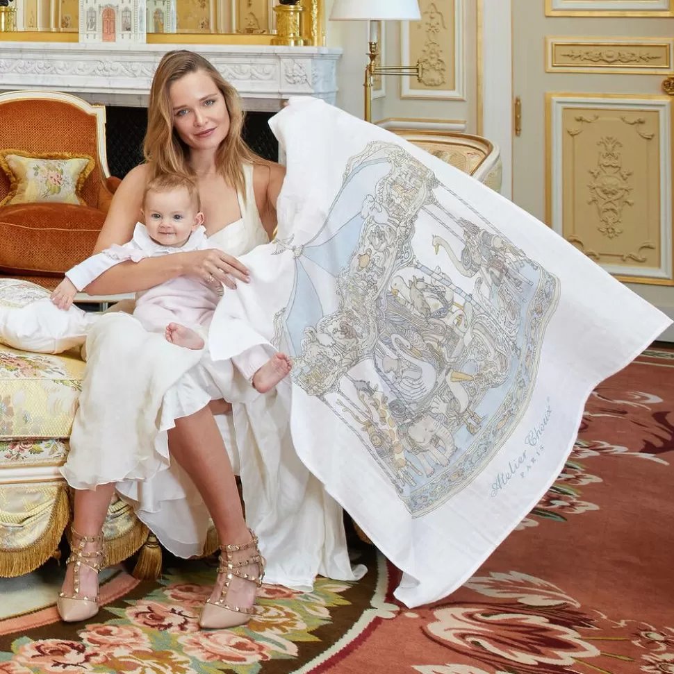 Atelier Choux Paris White & Blue Carousel Swaddle (97cm)^ Gifts | Sleeping Accessories
