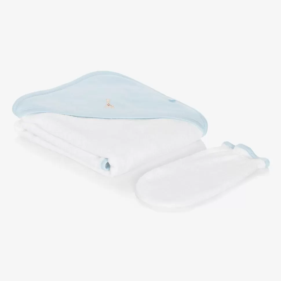 Kissy Kissy White & Blue Cotton Hooded Towel & Mitt Set^ Towels & Robes