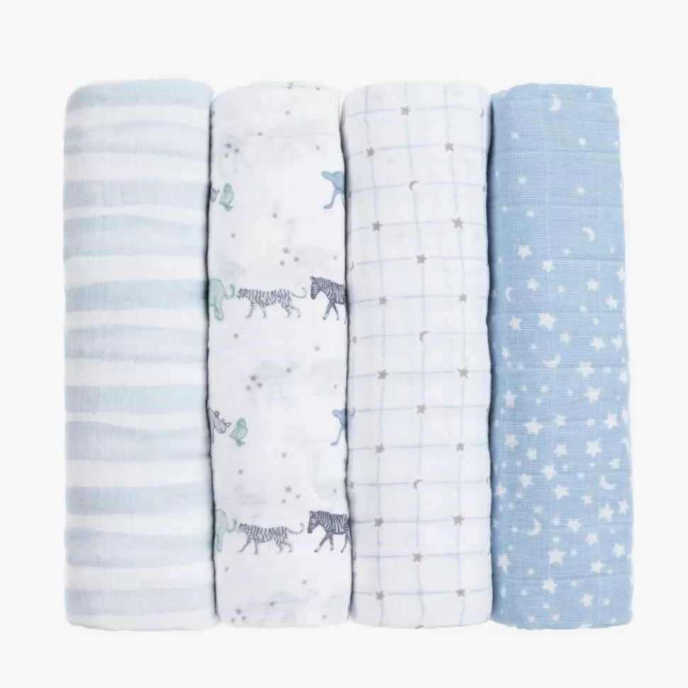 aden + anais White & Blue Muslin Swaddles (4 Pack)^ Sleeping Accessories