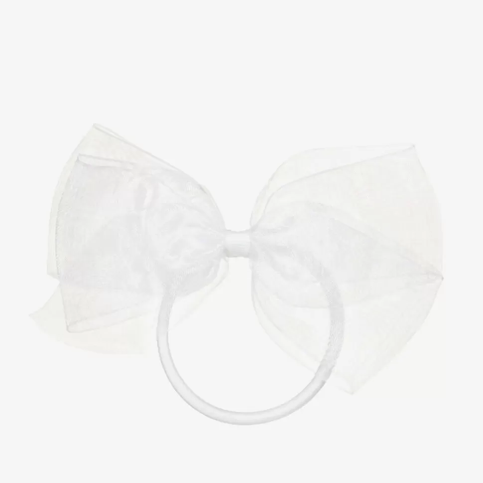 Peach Ribbons White Bow Hair Elastic (12cm)^ Hair Accessories