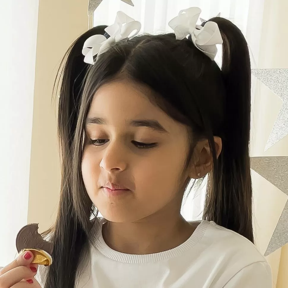 Peach Ribbons White Bow Hair Elastic (7cm)^ Hair Accessories