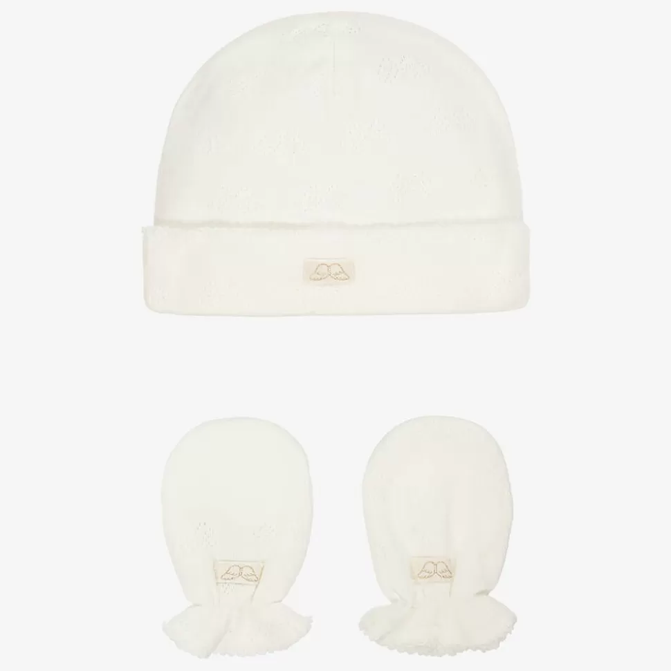 Marie-Chantal White Cotton Angel Wing Hat & Mittens Set^BOY Hats | Hats