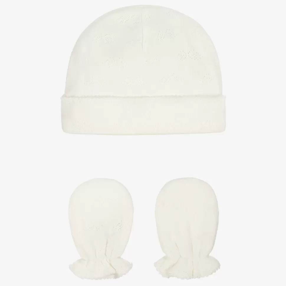 Marie-Chantal White Cotton Angel Wing Hat & Mittens Set^BOY Hats | Hats