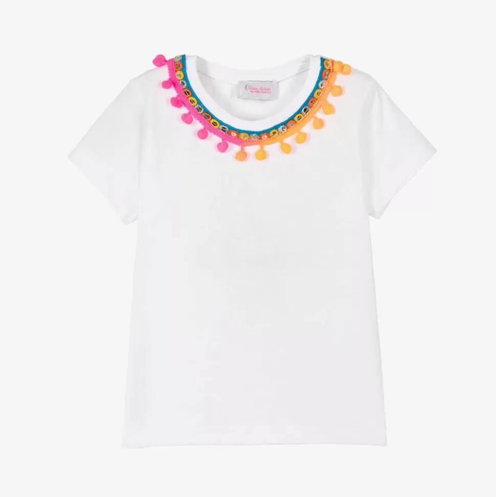 Selini Action White Cotton Pom-Pom T-Shirt^ Tops