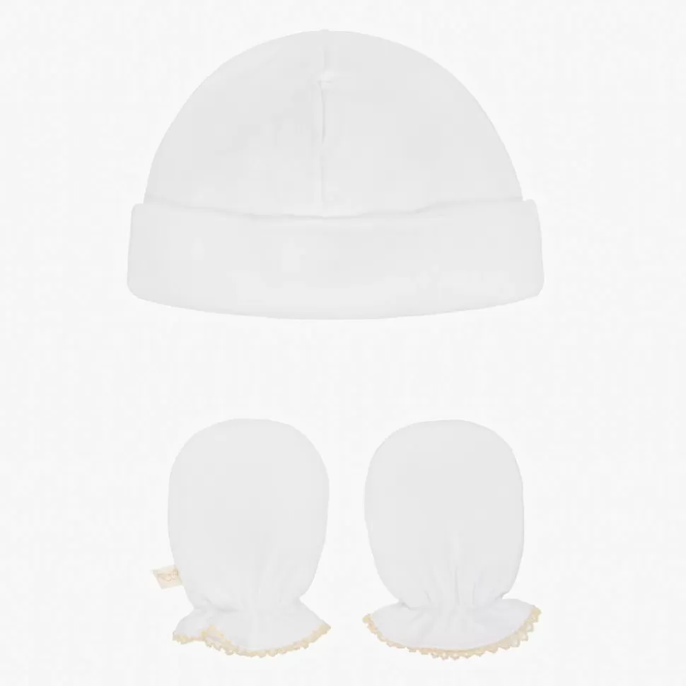 Marie-Chantal White Pima Cotton Baby Hat & Mittens Set^BOY Hats | Hats